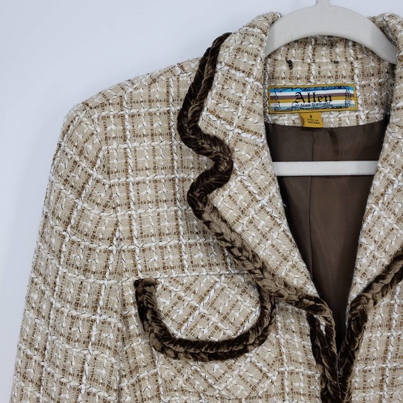 Y2K Allen by Allen Schwartz Tweed Blazer Jacket 8 Velvet Trim Vintage Tan Brown - Picture 4 of 9